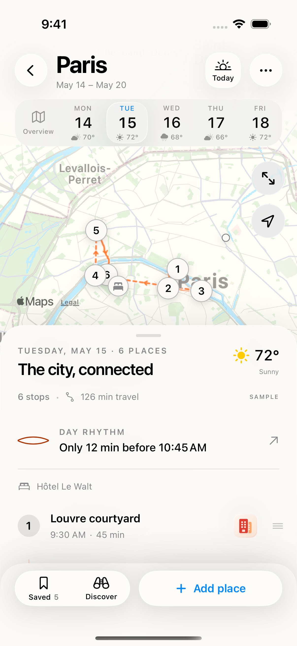 DayTrip showing a sample day in Paris, with numbered stops connected on a map and the itinerary below.
